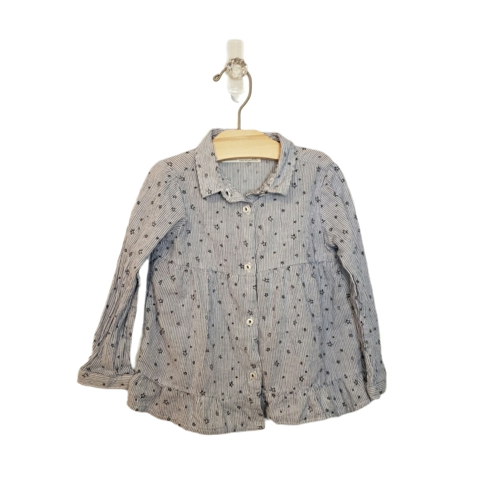 Zara 3-4 Y toddler Girl Striped Star Patterned Button Down Ruffle Blouse